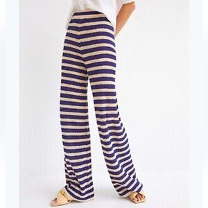 Mahina Boho Knit Navy and Cream Wide Leg Palazzo Pants with Stripes.
